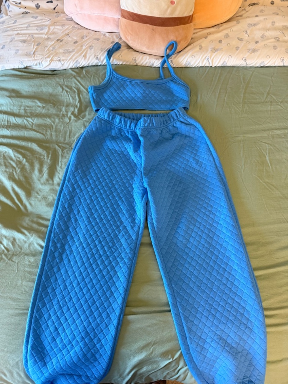 Princess Polly Bright Blue Quilted Lounge Set - Crop Tank & Wide Leg Pants